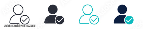 Verified user icons, person with check mark symbol, account verification and approval icon in line and silhouette style, vector illustration