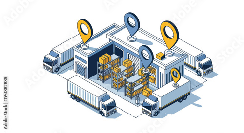 Logistics Warehouse With Trucks And Location Pins.
