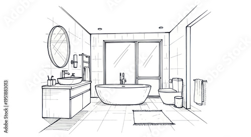Modern Bathroom Interior Sketch with Bathtub and Vanity.