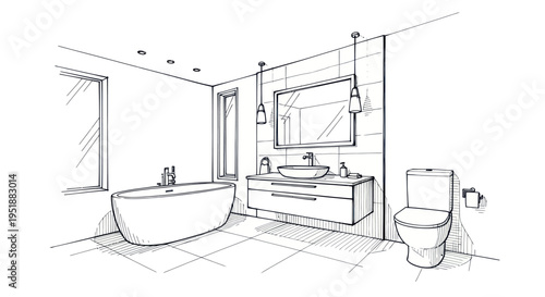 Modern Bathroom Interior Sketch with Bathtub, Vanity, and Toilet.