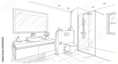 Modern Bathroom Interior Sketch with Shower and Vanity.