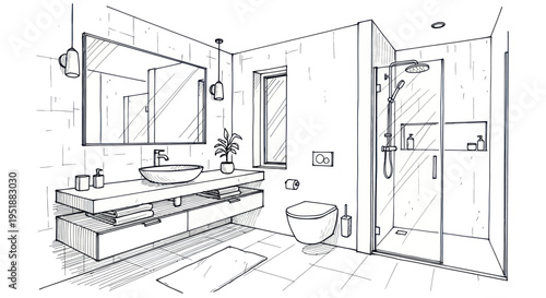 Modern Bathroom Interior Sketch with Shower and Vanity.