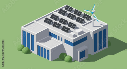 Modern Building with Solar Panels and Wind Turbine on Roof.