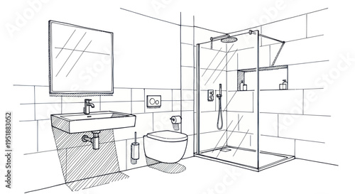 Modern Bathroom Sketch with Sink Toilet and Shower.