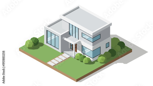 Modern Isometric House with Garden and Walkway.