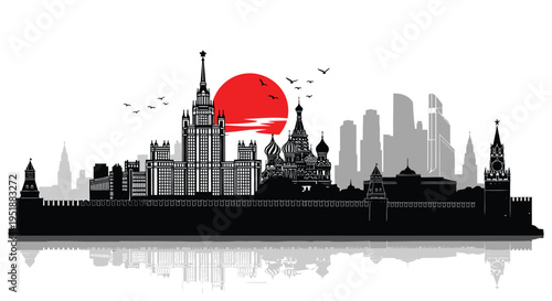 Vector city skyline silhouette at sunset with iconic buildings
