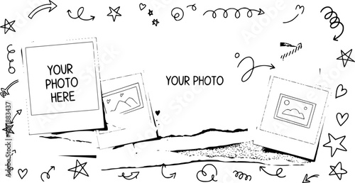 Handmade Digital Collage with Ripped Paper Textures, Doodles and Polaroid Photos, Authentic Scrapbook Style for Social Media Marketing