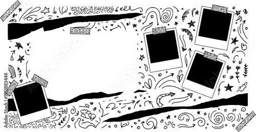 Handmade Digital Collage with Ripped Paper Textures, Doodles and Polaroid Photos, Authentic Scrapbook Style for Social Media Marketing