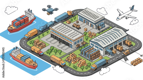 Modern Logistics Hub with Ships Trucks Drones and Airplanes.