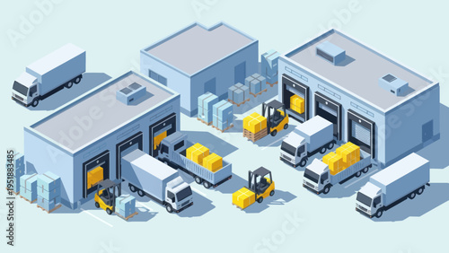 Modern Logistics Warehouse with Trucks and Forklifts.