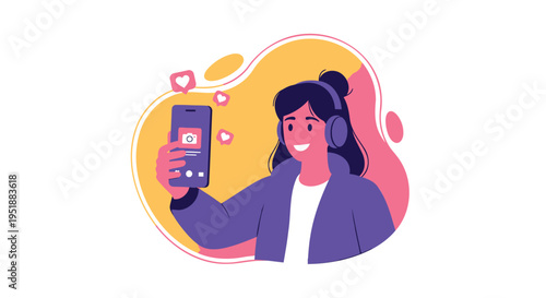 Vector illustration of woman wearing headphones taking selfie with smartphone
