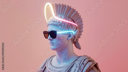 Modern interpretation of a classic statue with neon lights and sunglasses in a studio setting