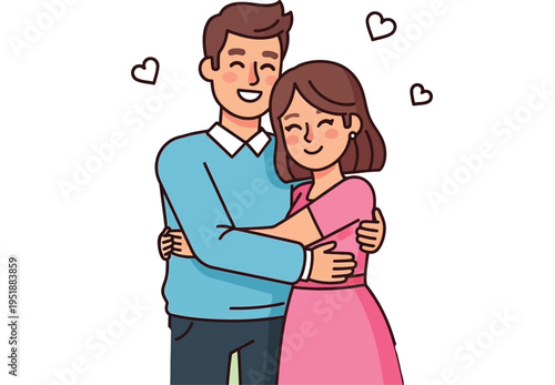 Embracing couple shares joyful moment surrounded by floating hearts in.