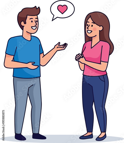 Man confesses deep affection to woman with heart symbol above his head.