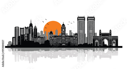 City skyline vector illustration with sunset