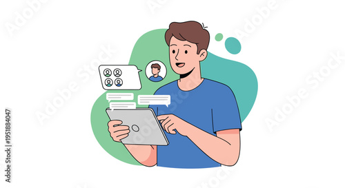 Vector illustration of man chatting online with laptop and smartphone