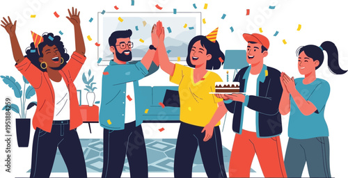 Friends celebrate a birthday with confetti and a high five indoors.