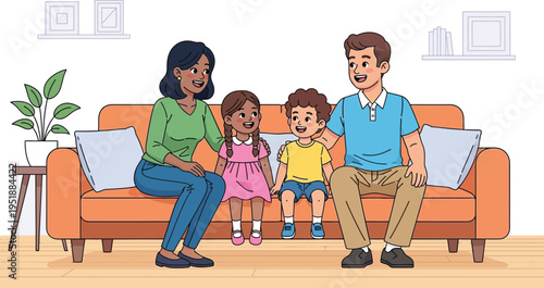 Multiracial family sits together smiling warmly on a comfortable living.