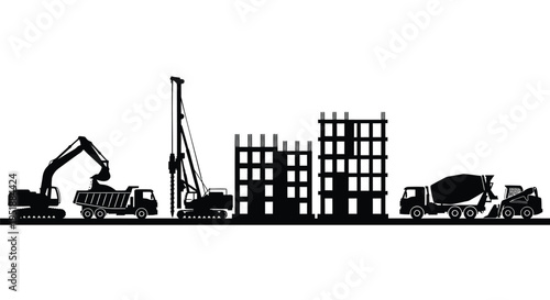 Set of 5 construction vehicles and buildings vector silhouettes
