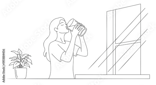 Line drawing of woman drinking from cup by window with plant