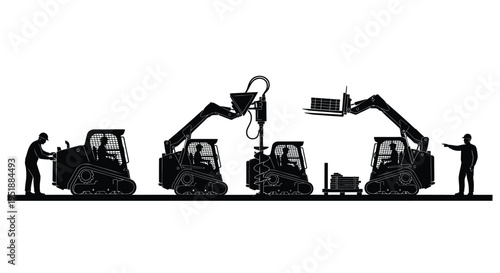 Set of 4 black silhouette construction vehicles and workers vector