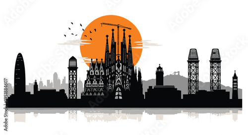 Vector silhouette of city skyline with cathedral and towers at sunset