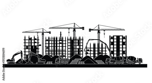 Vector illustration of a construction site with cranes and buildings