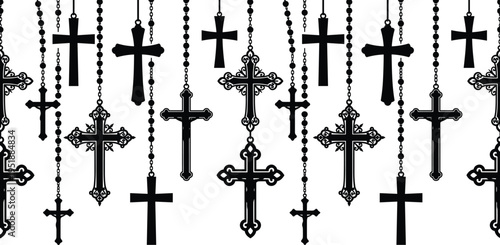 Christian cross necklace silhouettes set, religious pendant collection with rosary chains, faith symbols, gothic and classic designs isolated on background