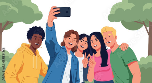 Diverse group of five young friends take a joyful selfie while posing.