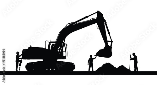 Silhouette of excavator with workers on construction site vector