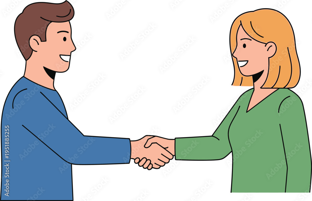 Fototapeta premium Man and woman shake hands warmly completing a business agreement.