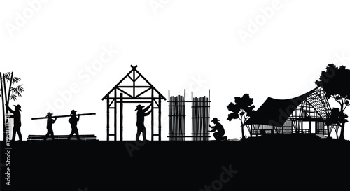 Set of construction workers building house vector