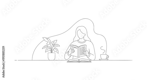 Vector illustration of woman reading book with plant and coffee