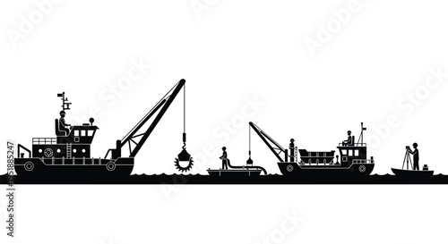 Set of 3 industrial tugboats with crane vector silhouette