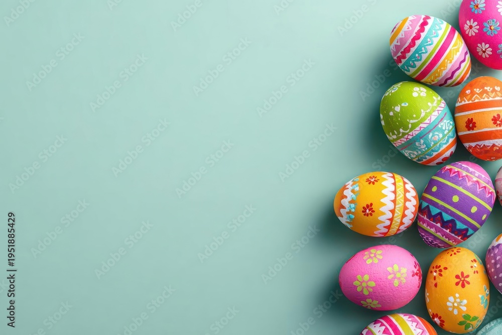 Fototapeta premium Colorful Easter Eggs on Teal Background