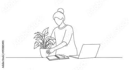Line drawing of woman working on laptop with plant and notebook