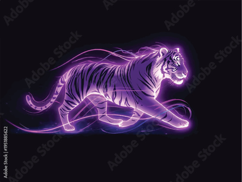 Energetic glowing neon tiger running with purple light trails against a black background, abstract animal illustration