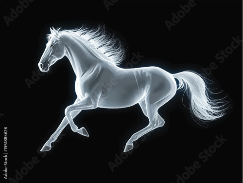 Powerful white horse running with glowing ethereal light trails against a black background, abstract spirit animal illustration