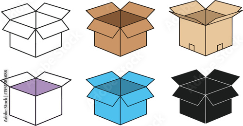 Set of open cardboard box vector icons with various styles including realistic brown flat color line art and silhouettes,