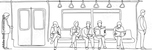 People riding on a subway train in a minimalist line art style