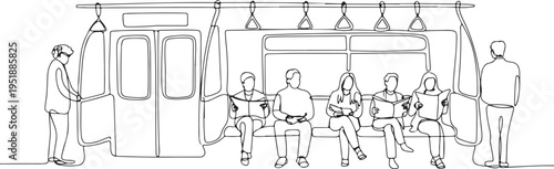 People sitting and standing on a subway train passengers