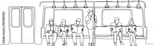Passengers reading on a subway train with a standing man