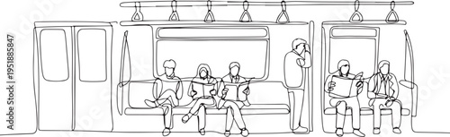 People reading and standing inside a subway train passengers