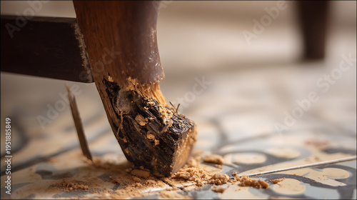 Close up view of damaged wooden furniture leg on a tiled floor, showing wood crumb and splintered material, focus on deterioration