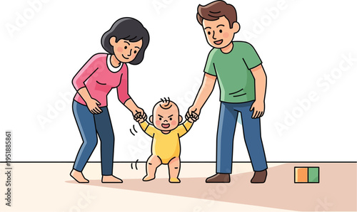 Parents gently assist their unhappy baby learning to take first steps.