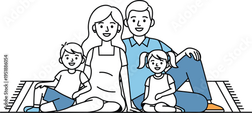 Happy nuclear family sits together on a picnic blanket enjoying outdoor.