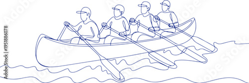 Four people rowing a canoe on water in blue line art