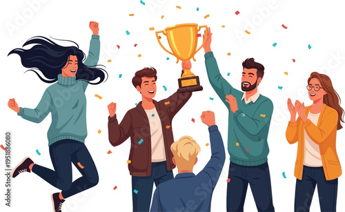 Team members celebrate victory holding a large golden trophy with colorful.