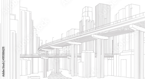 Cityscape vector illustration with highway and buildings
