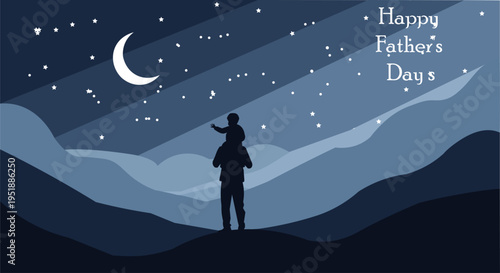 Happy father day card with father carrying child silhouette under starry night sky